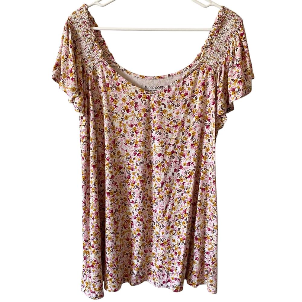 SUPER SOFT BY TORRID Floral Knit Blouse Shirt Top Size 3X Flutter Sleeve Preppy